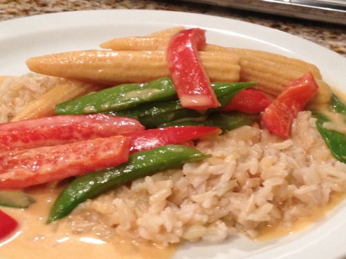Thai Red Curry Baby Whole Corn, Red Bells & Sugar Snap Peas over Basmati Rice