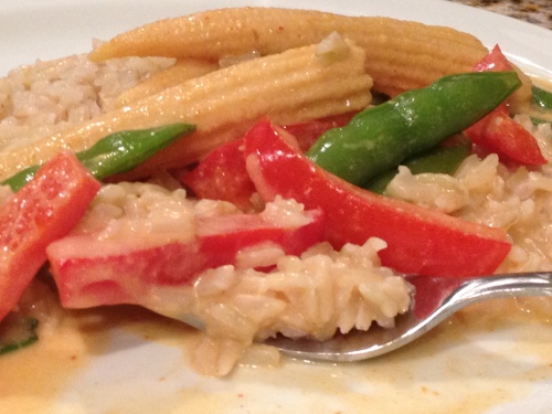Thai Red Curry Baby Whole Corn, Red Bells & Sugar Snap Peas over Basmati Rice2